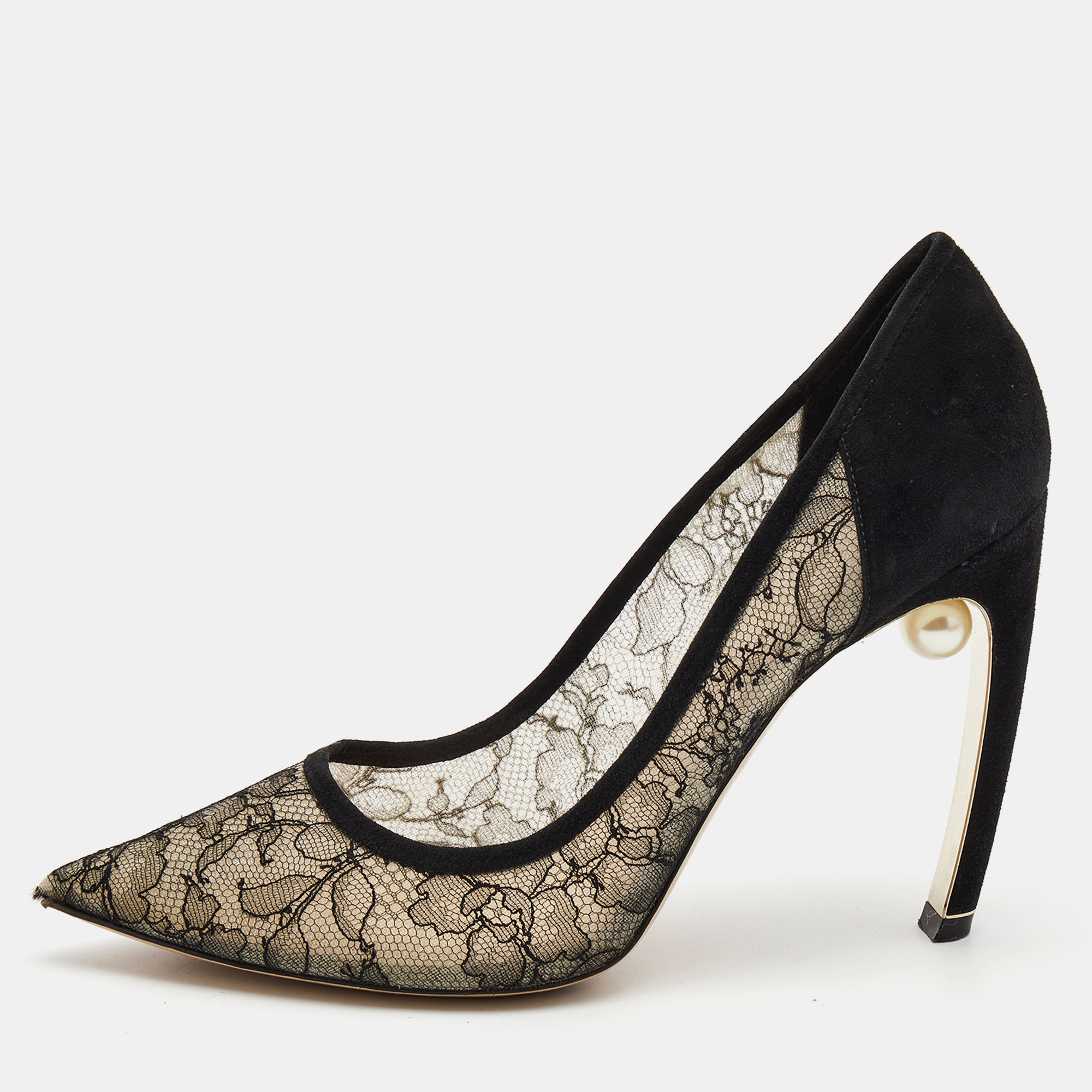 

Nicholas Kirkwood Black Suede and Lace Mira Pearl Pumps Size