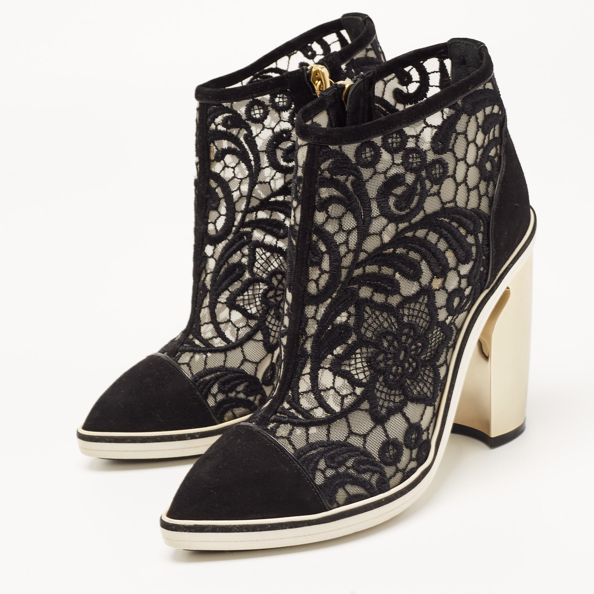 

Nicholas Kirkwood Black Suede and Embroidered Mesh Block Heel Ankle Boots Size