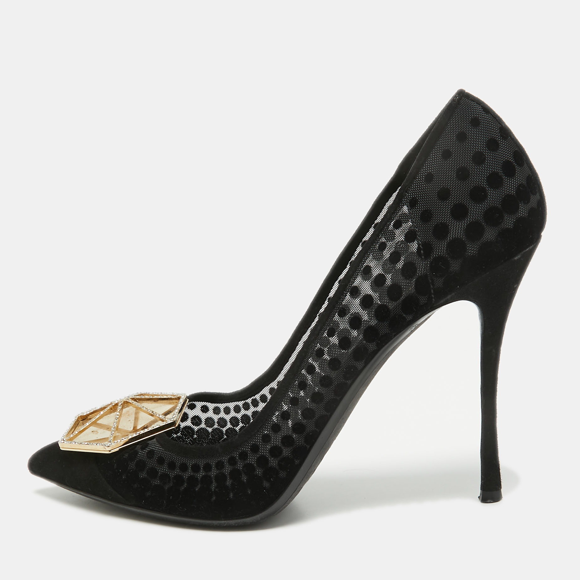 Black And Mesh Embellished Hexagon Buckle Pumps