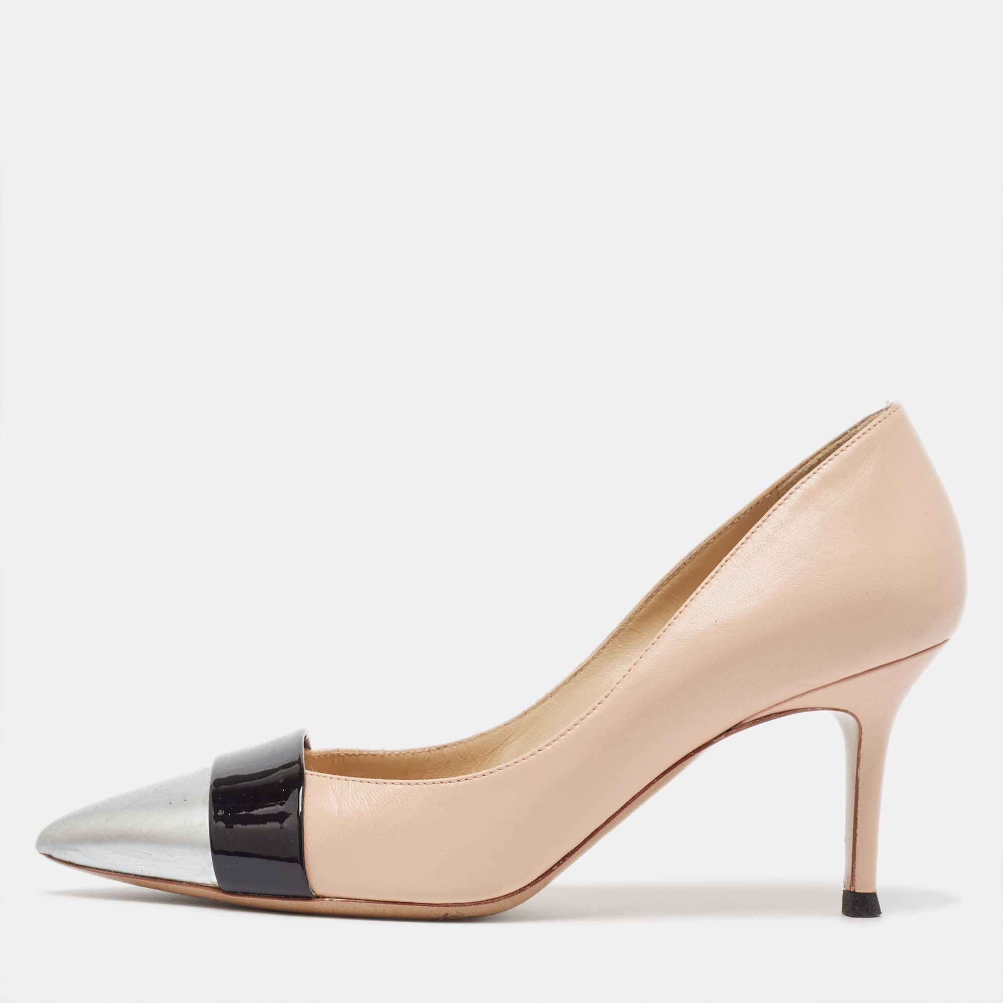 Tricolor Leather And Patent Pointed Toe Pumps