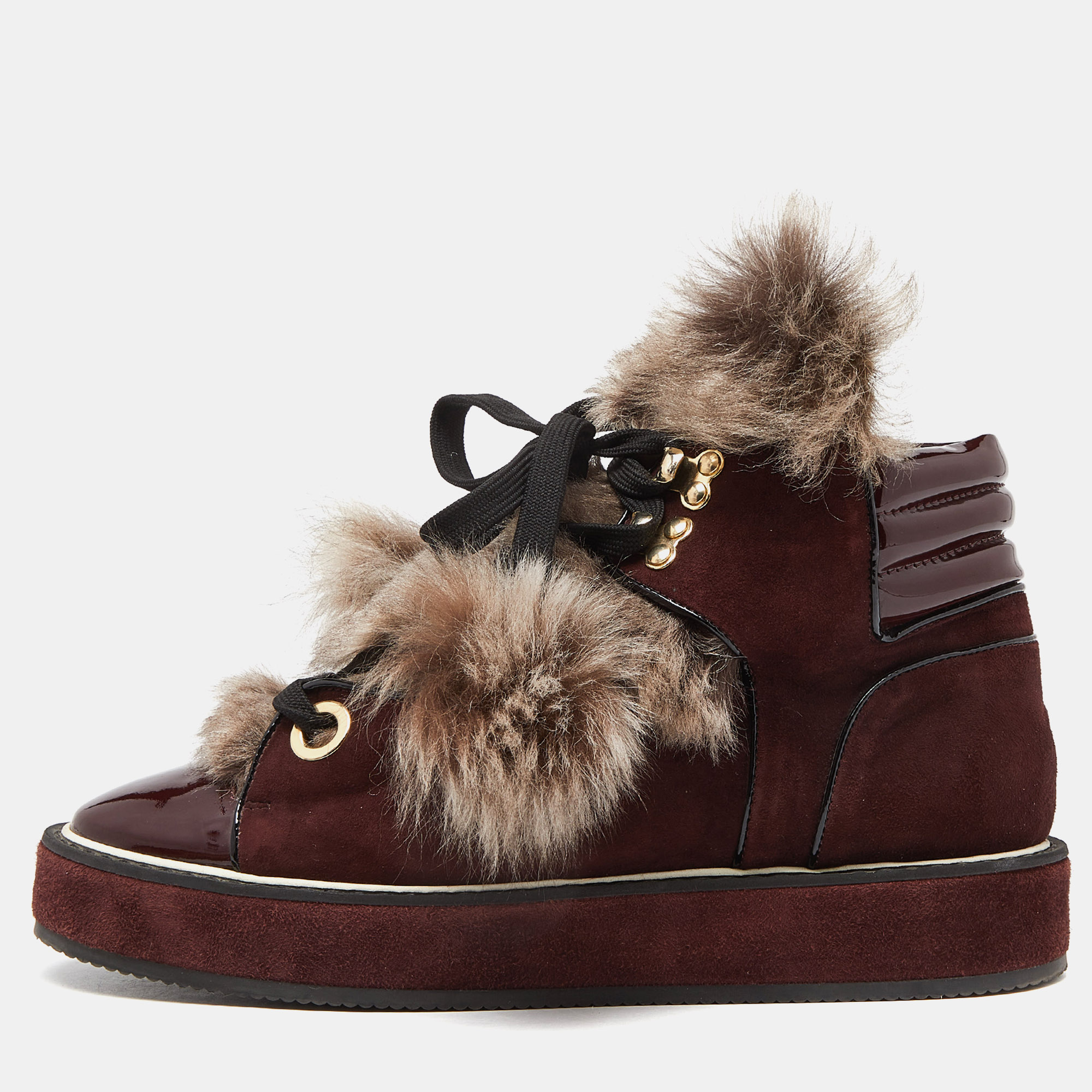 Suede And Patent Leather Fur Top Sneakers