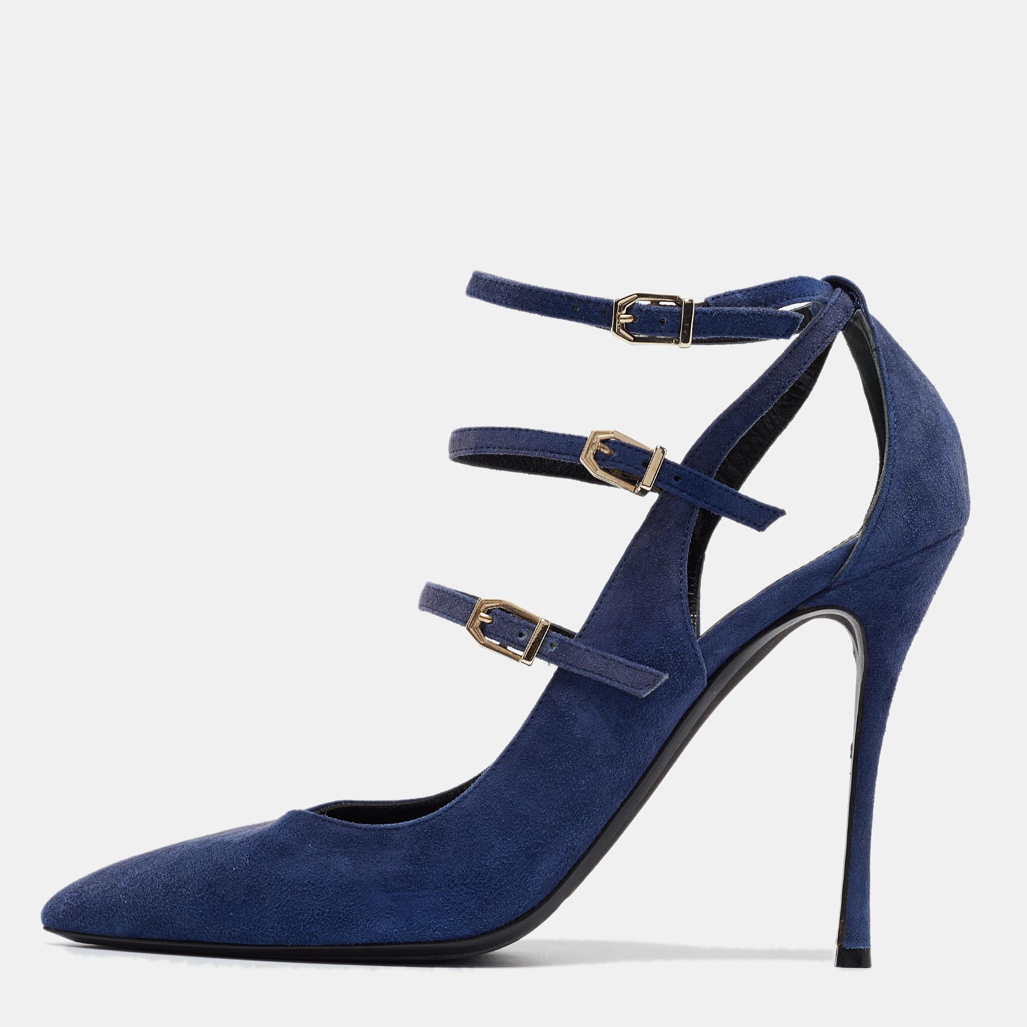 Blue Suede Ruffle Buckle Pointed Toe Pumps