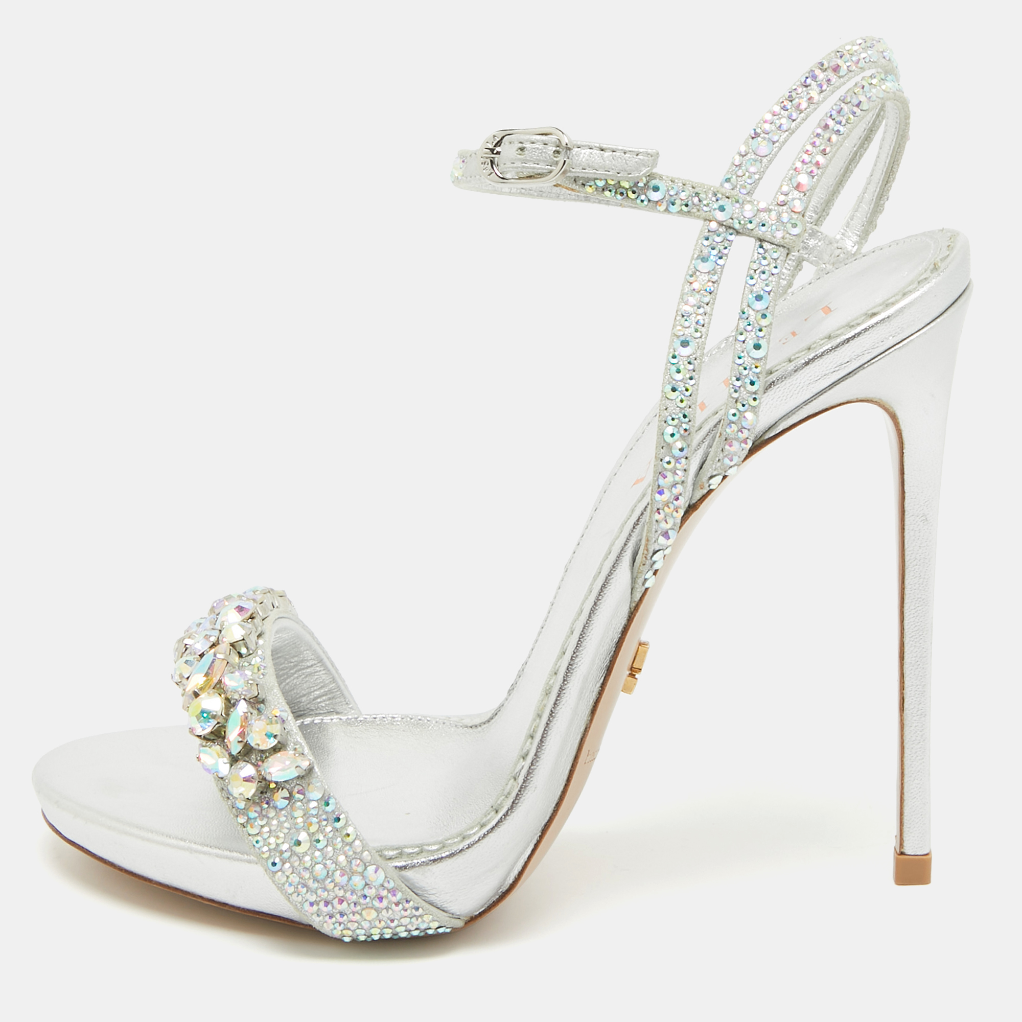 

Le Silla Sliver Leather Crystal Embellished Ankle Strap Sandals Size, Silver