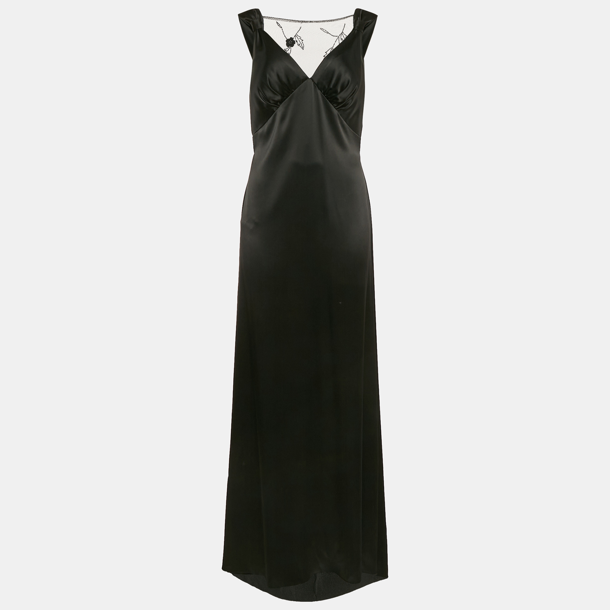 

Nicole Bakti Black Satin Embroidery Detail Sleeveless Maxi Dress M