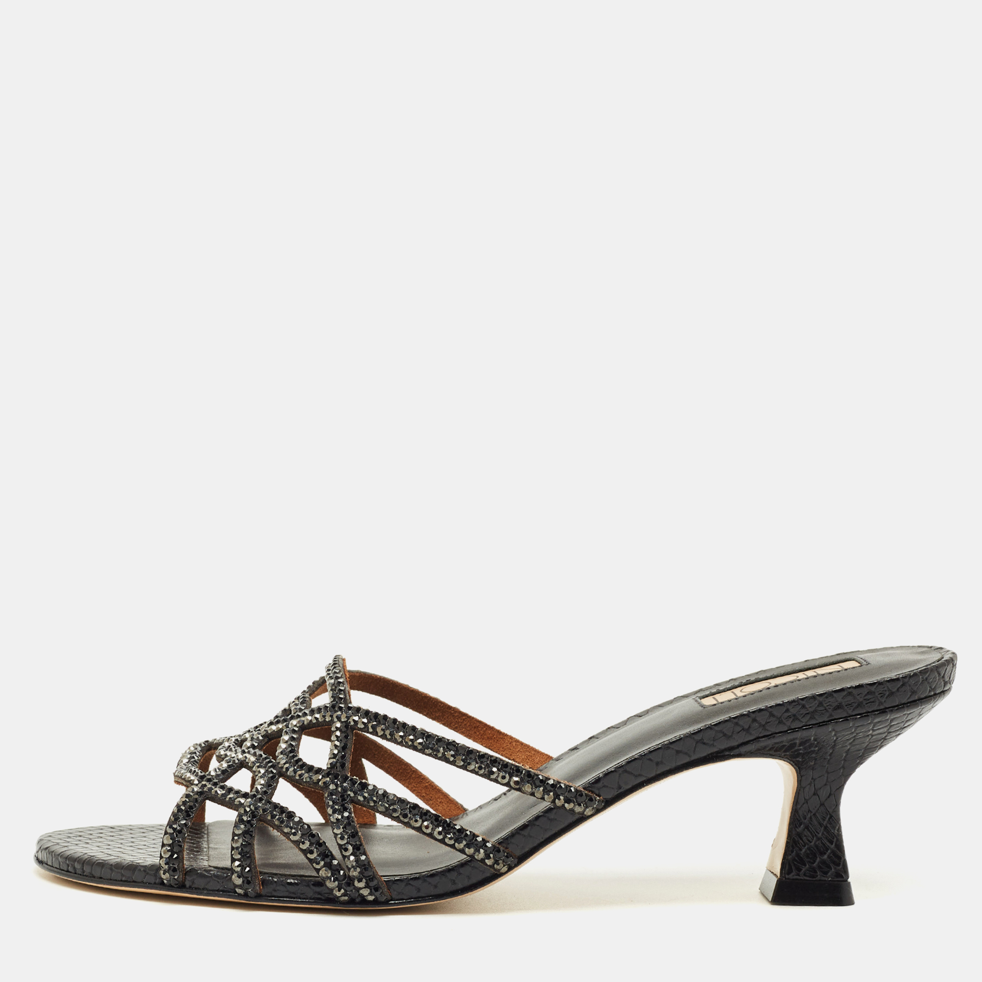 

Nicoli Black Snakeskin Embossed Leather Nadege 55 Slide Sandals Size