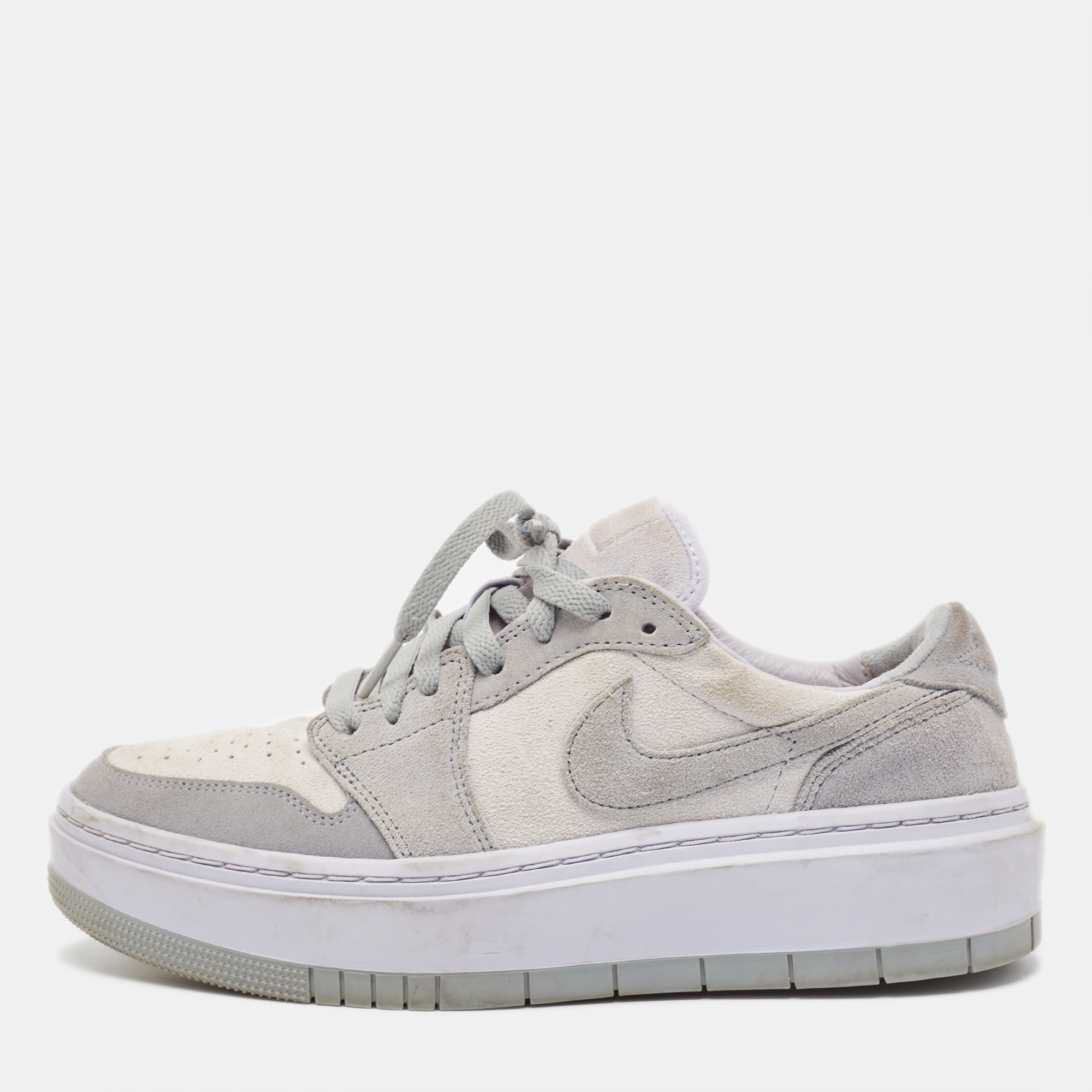 

Air Jordans Grey/White Suede Elevate Air Jordan 1 Low Top Sneakers Size