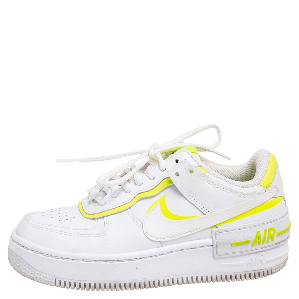 

Nike White/Neon Yellow Leather Air Force 1 Shadow Low-Top Sneakers Size