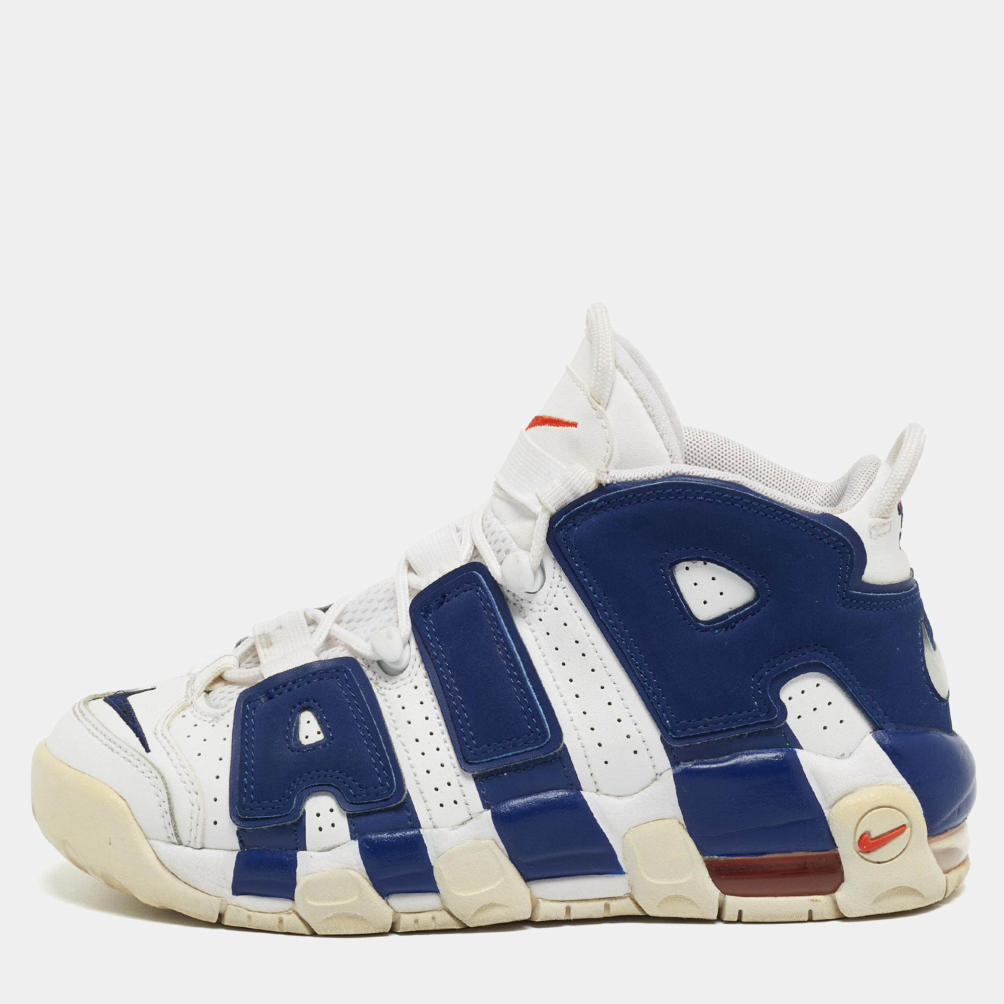 Pre-owned Nike Air White/blue Leather More Uptempo Knicks Trainers Size 38