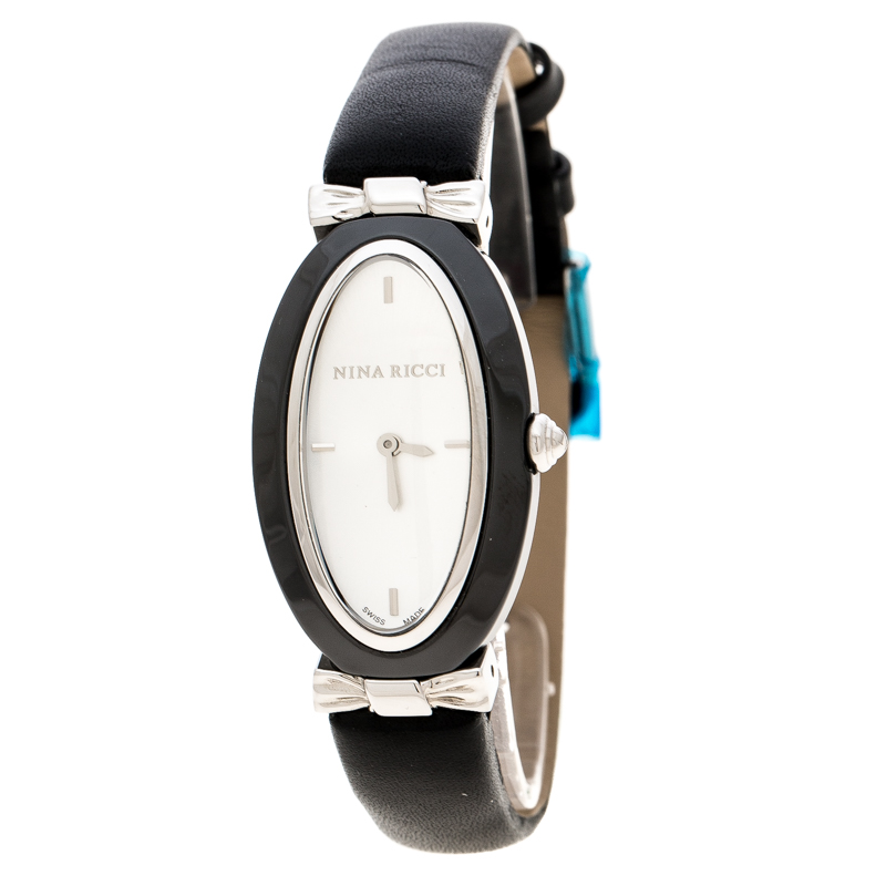 Nina Ricci White Stainless Steel Black Ceramic Oval NO61010SM Women's Wristwatch 24 mm