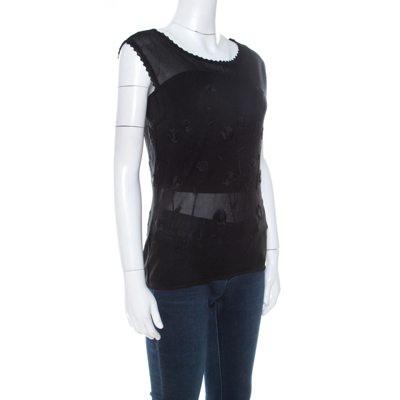 

Nina Ricci Black Floral Embroidered Knit Sleeveless Top