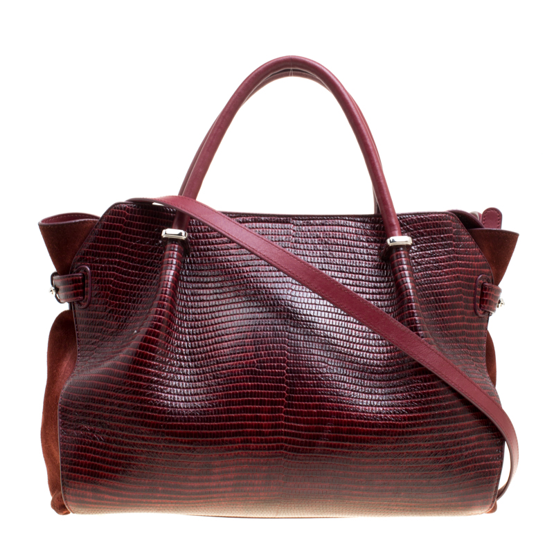 Pre Owned Nina Ricci Burgundy Lizard Embossed Leather and Suede Marche Tote