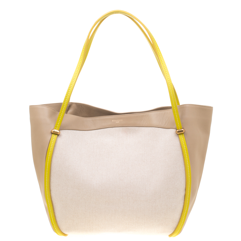 Nina Ricci Beige/Green Leather and Canvas Shopper Tote 