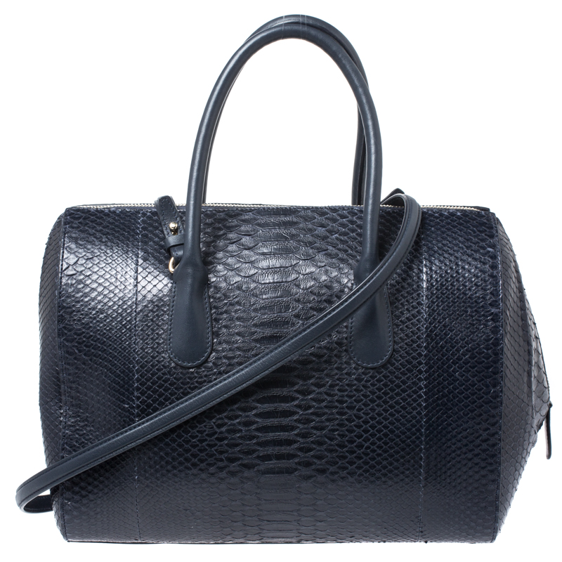 Pre Owned Nina Ricci Navy Blue Python Boston Bag
