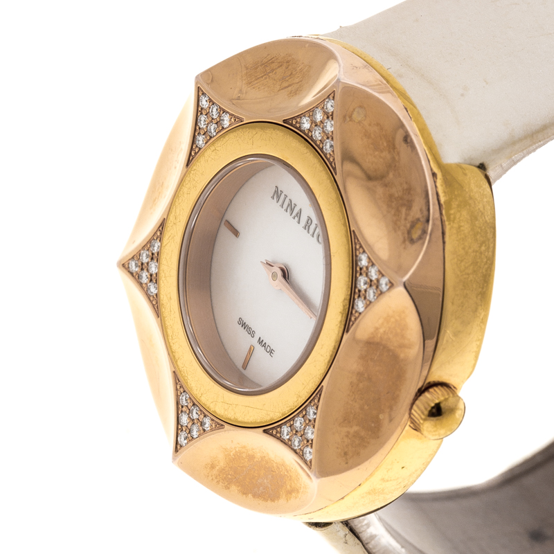 

Nina Ricci White Mother Of Pearl Gold Plated Steel Diamonds N024.83 Women's Wristwatch