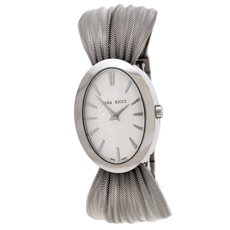 Pre Owned Nina Ricci Silver Pleated Mesh Stainless Steel N035.13 Women's Wristwatch 25 mm