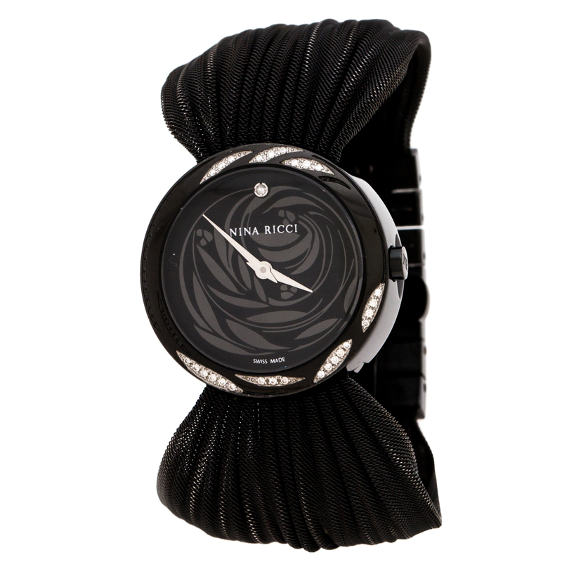 Pre-owned Nina Ricci Black Pvd Coated Stainless Steel Diamonds N021.94 Women's Wristwatch 31 Mm