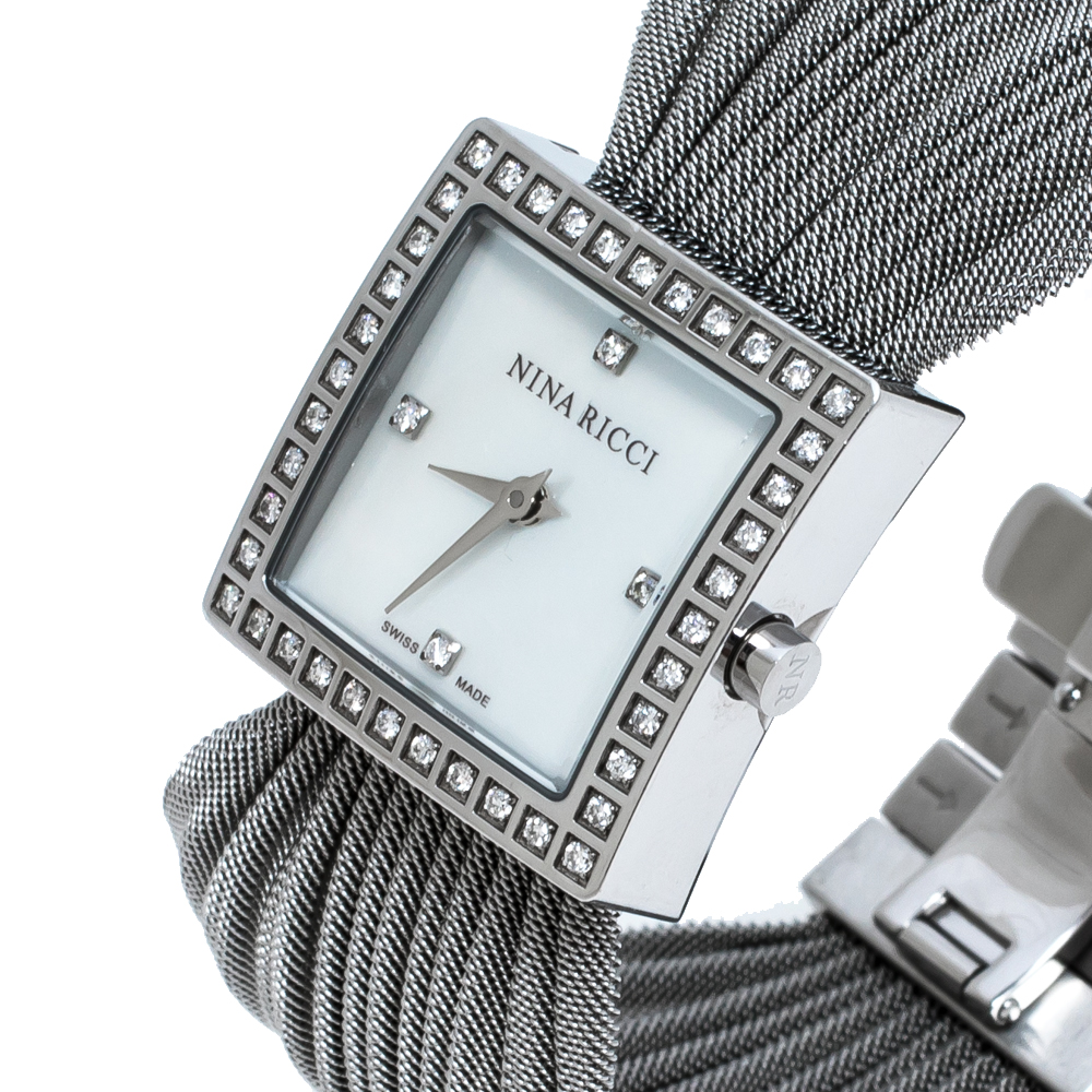 

Nina Ricci White Mother of Pearl Stainless Steel Diamonds N019.12 Women's Wristwatch, Silver