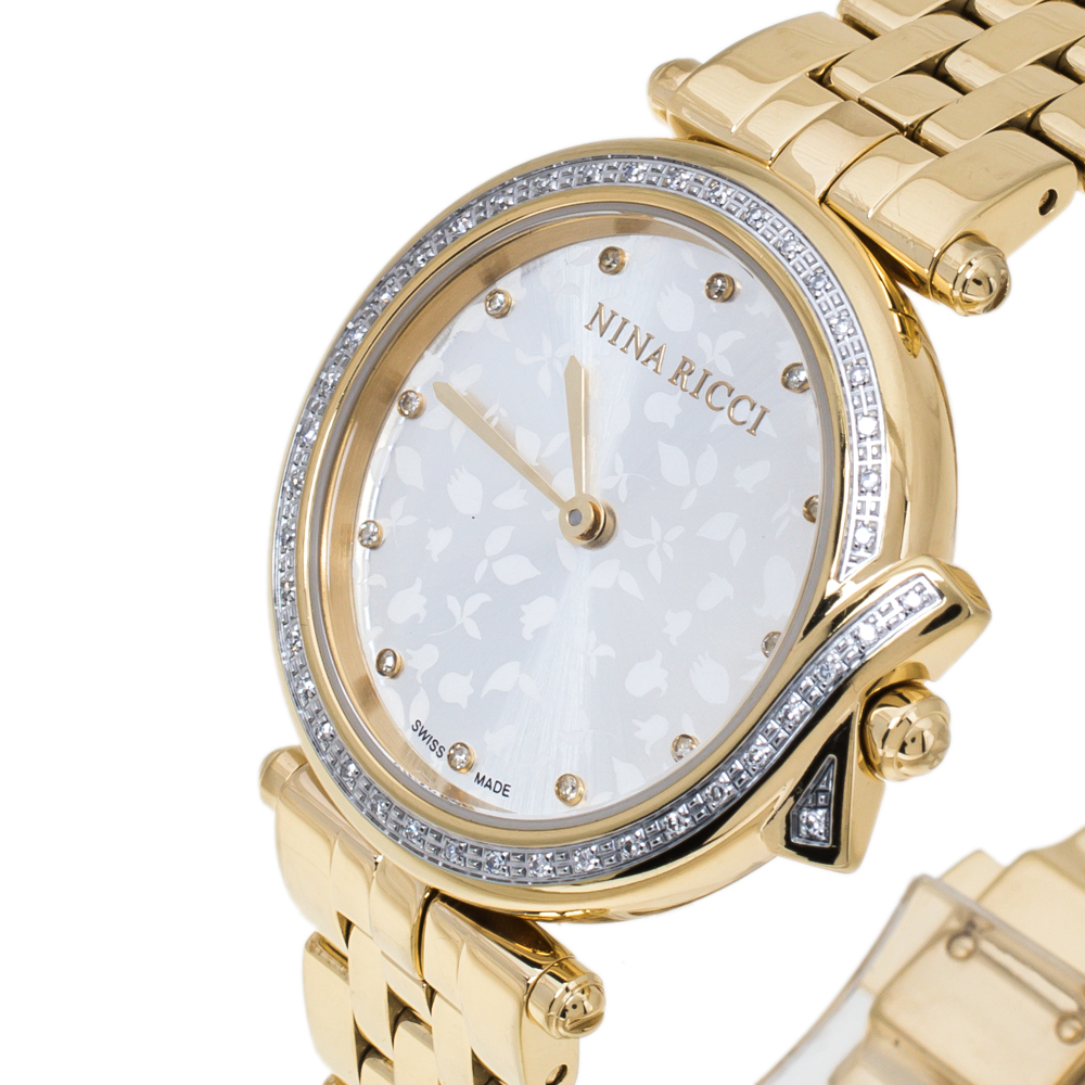 

NIna Ricci Silver Yellow Gold Plated Stainless Steel Diamond Classic N067013SM Women's Wristwatch