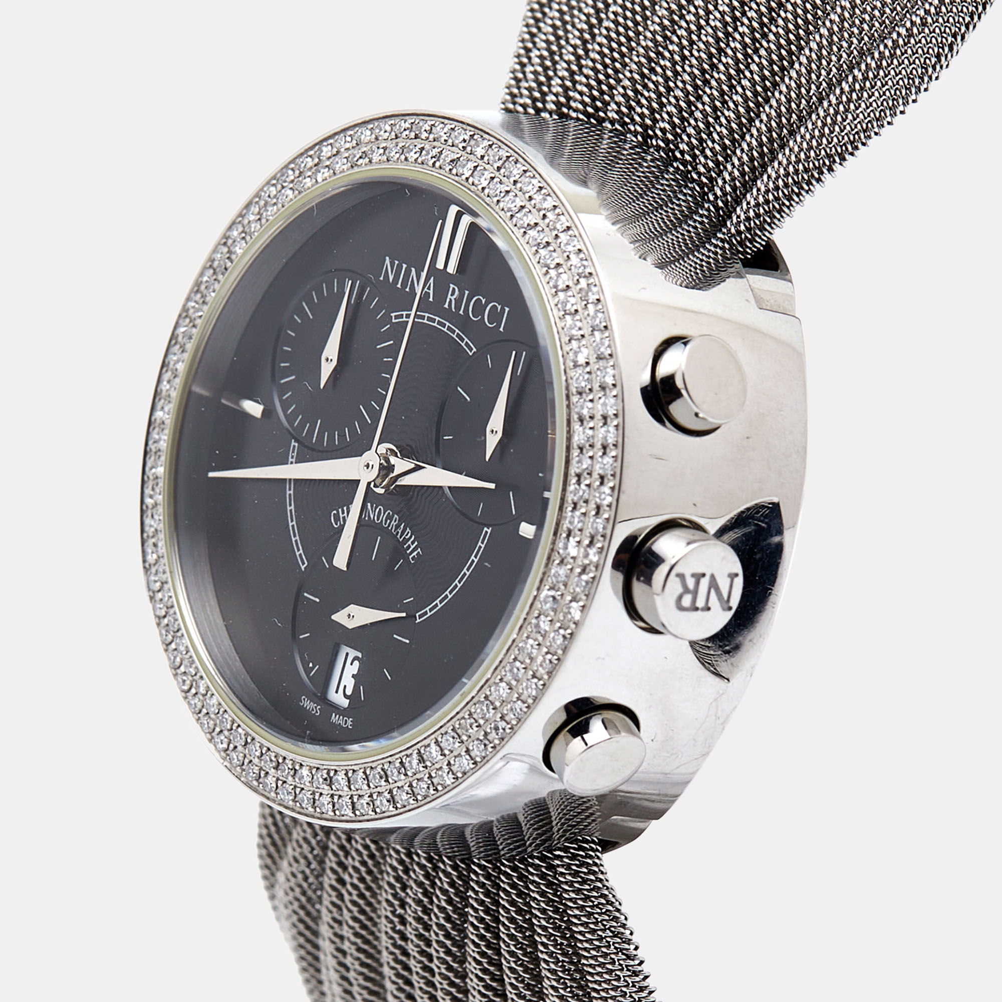 

Nina Ricci Black Stainless Steel Diamond Chronograph N021.25 Women's Wristwatch