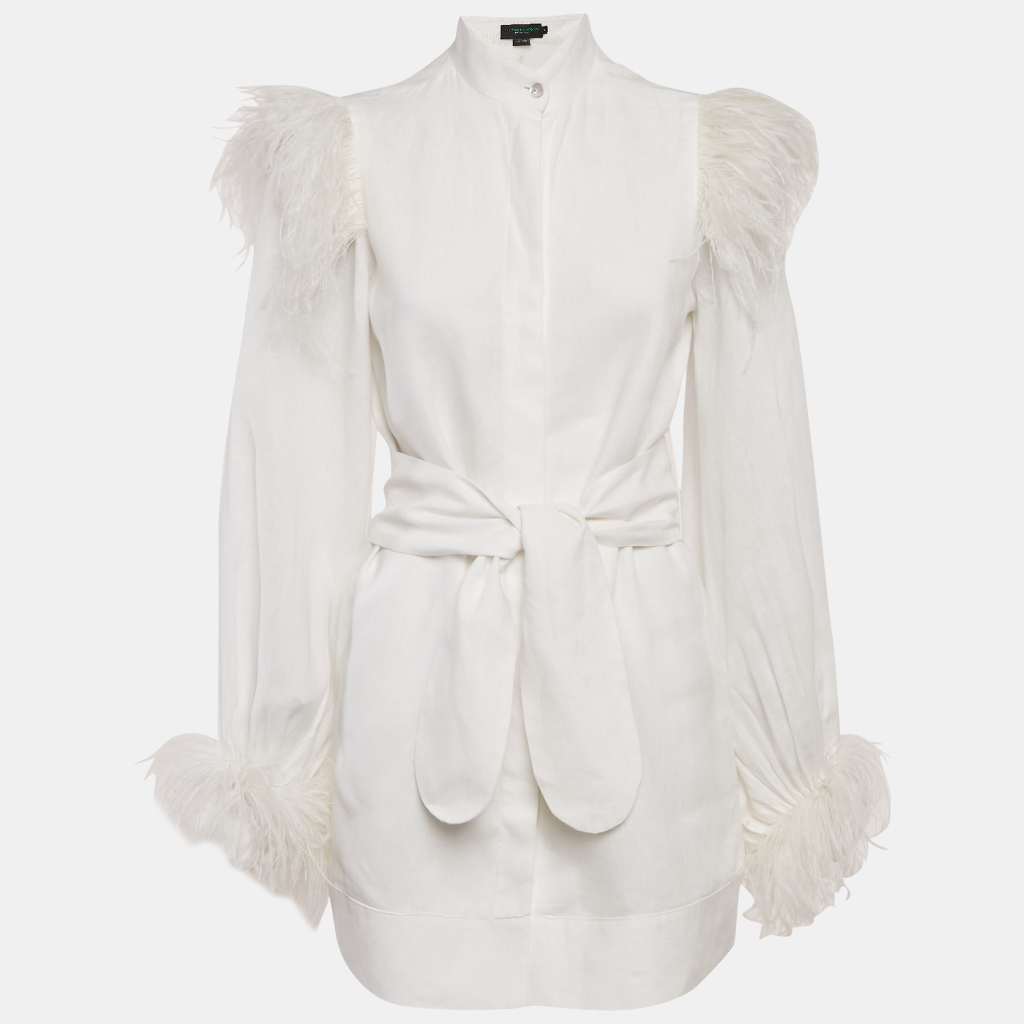 

No Pise La Grama White Feather Trim Linen Mini Dress S