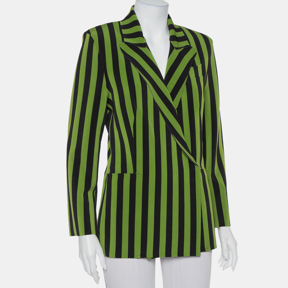 

Norma Kamali Green & Black Striped Neoprene Double Breasted Blazer