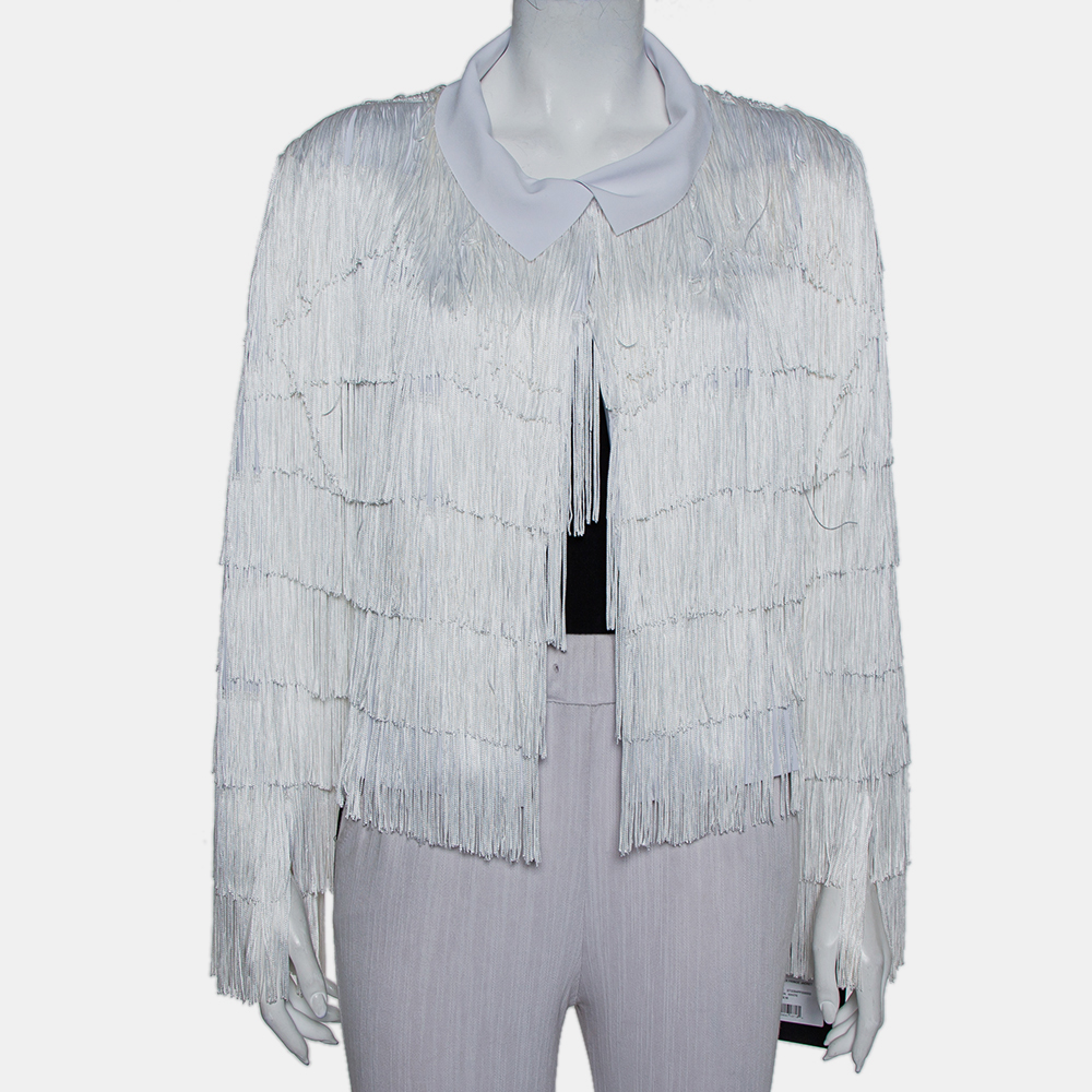 Pre-owned Norma Kamali White Knit Fringed Open Front Collared Jacket M