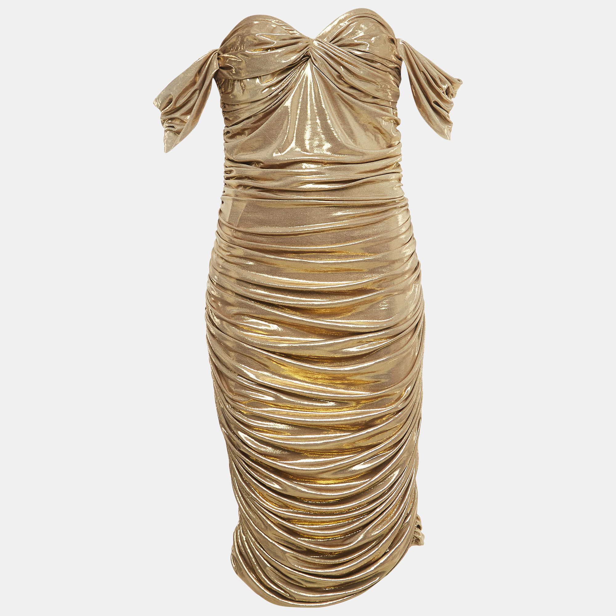 Pre-owned Norma Kamali Gold Gathered Jersey Winglet Sleeve Walter Dress L