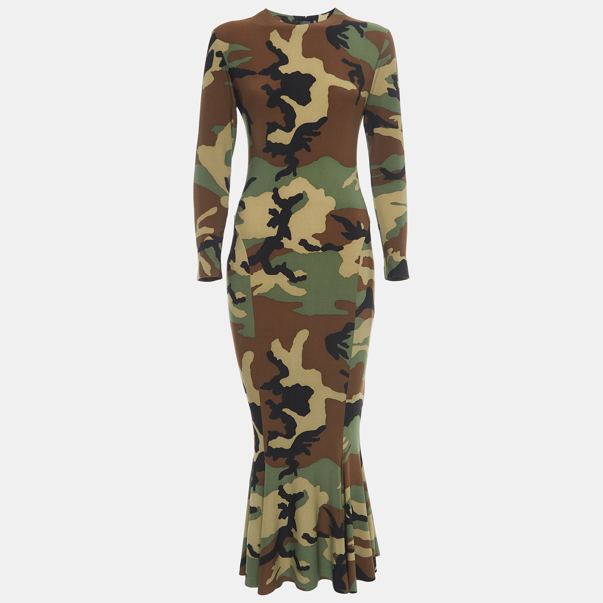 

Norma Kamali Green Camouflage Jersey Fishtail Midi Dress