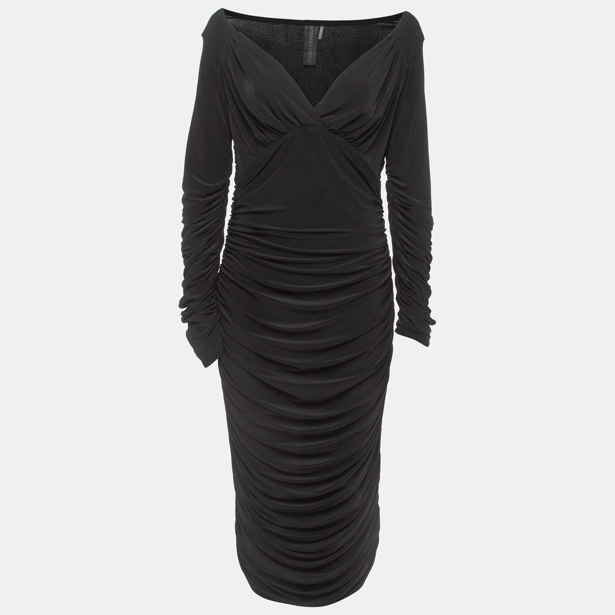 

Norma Kamali Black Draped Jersey Long Sleeve Tara Midi Dress