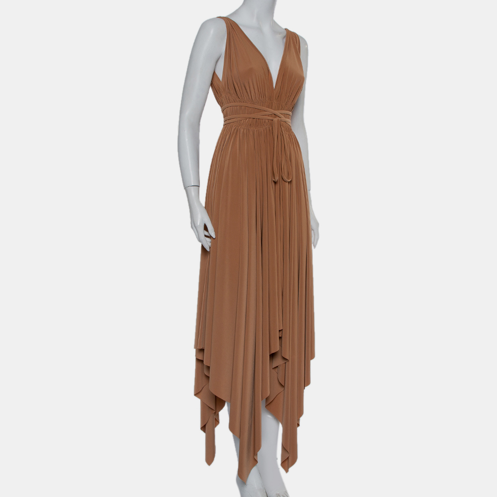 

Norma Kamali Camel Brown Knit Ruched Waist &Tie Detail Goddess Dress