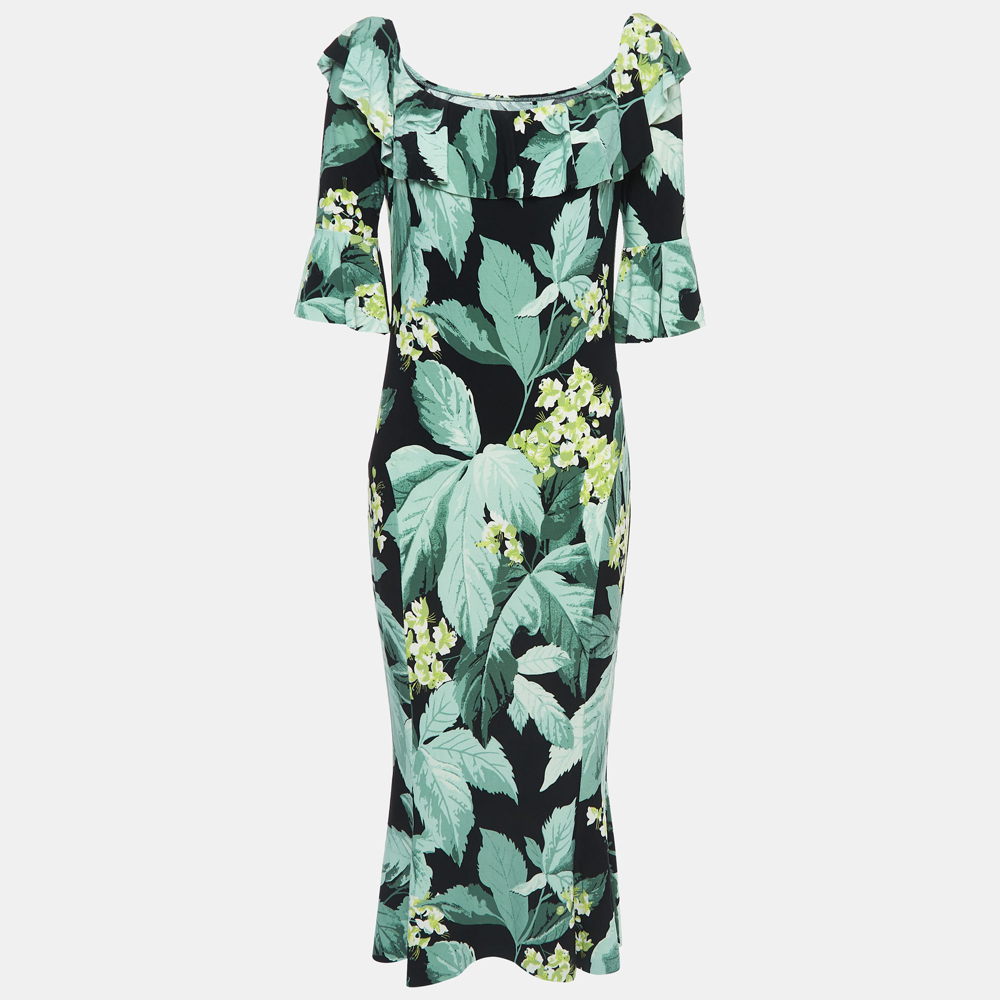Leaf print off shoulder fishtail dress ruffled detailing and below knee length. Refresh your summer wardrobe by adding this beautiful dress from Norma Kamali. Complement it with high heels.