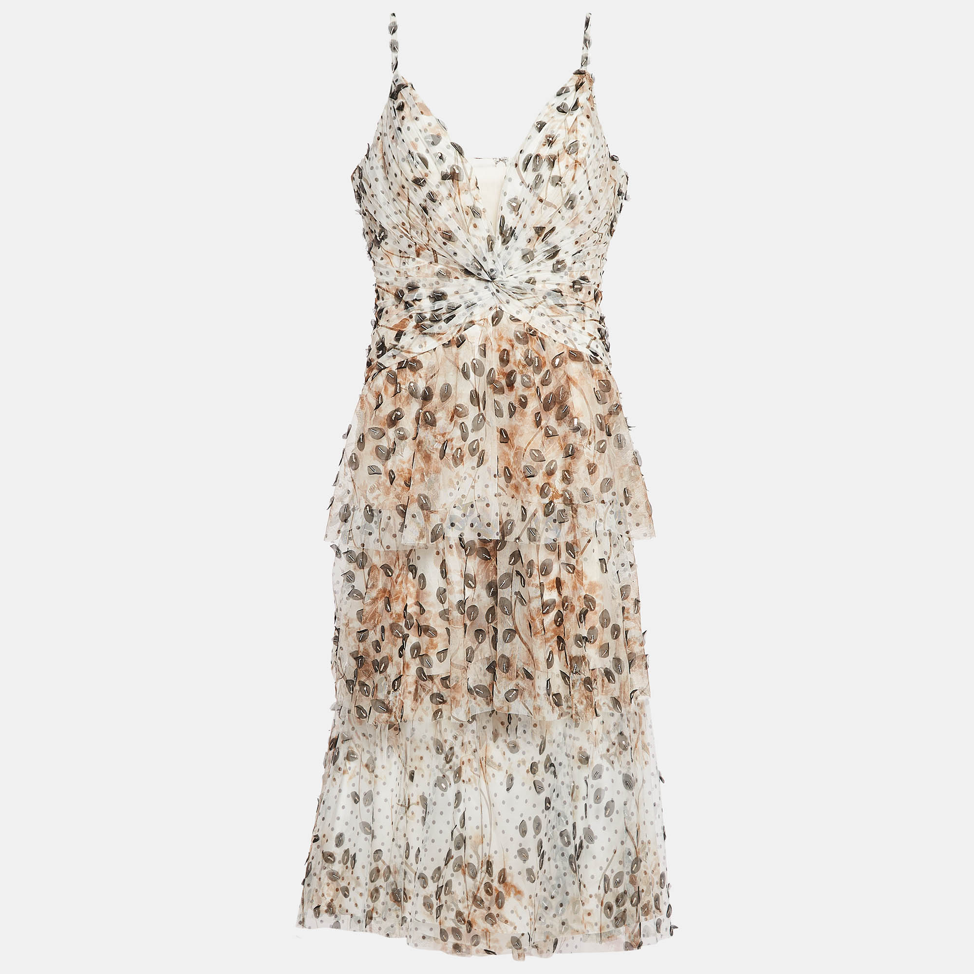 

Notte By Marchesa Beige Printed Tulle Tiered Midi Dress XL