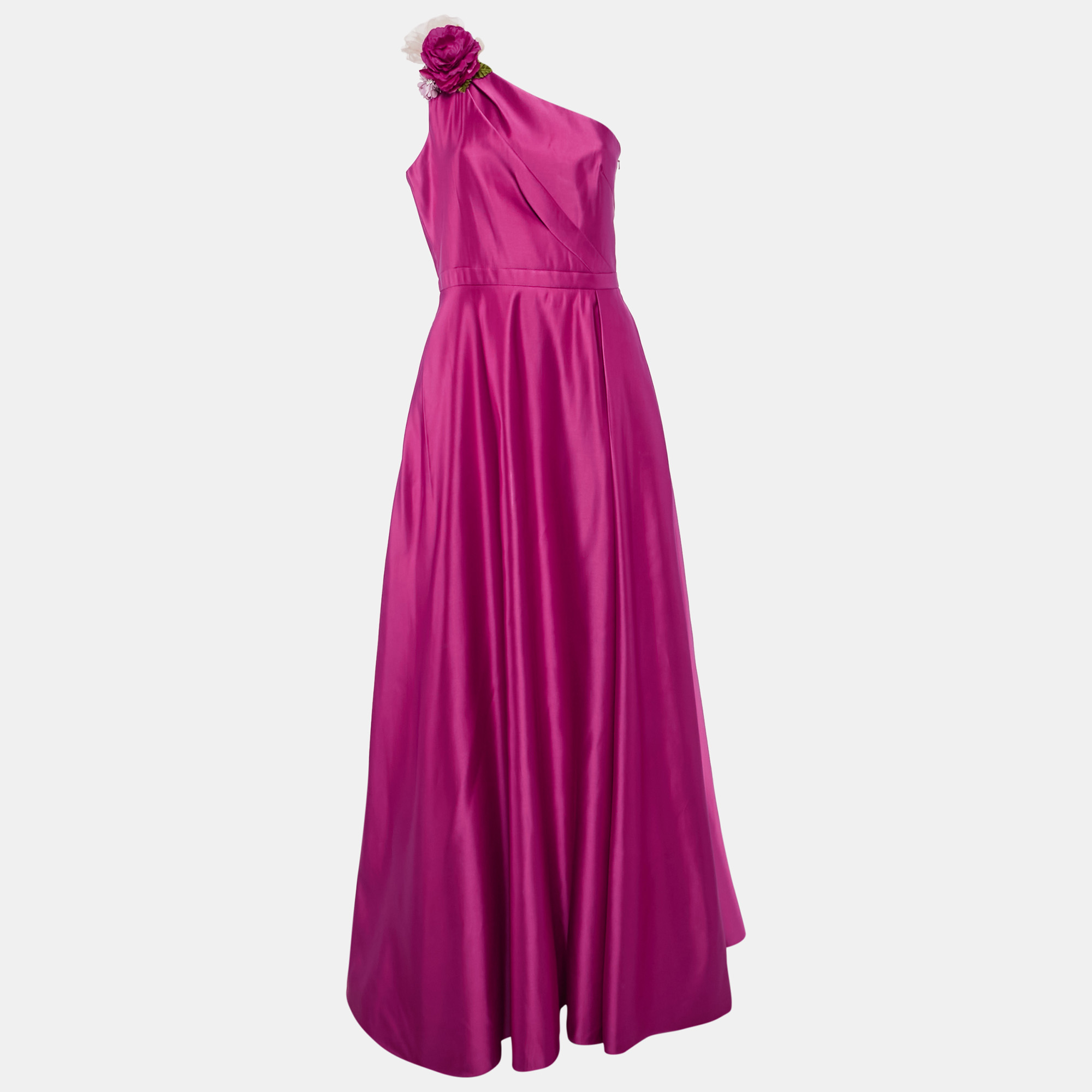 

Notte By Marchesa Fuchsia Pink Duchess Satin Floral Applique One Shoulder Gown M