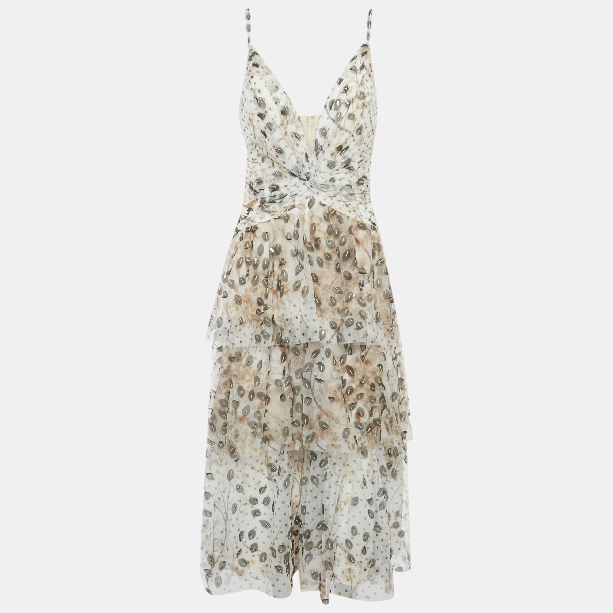 

Notte By Marchesa Beige Leaf Appliqué Tulle Tiered Midi Dress XL