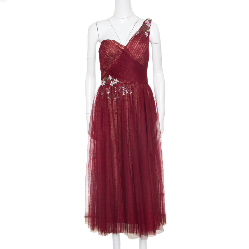 Notte by Marchesa Burgundy Embellished Pleated Tulle Overlay One Shoulder Dress M