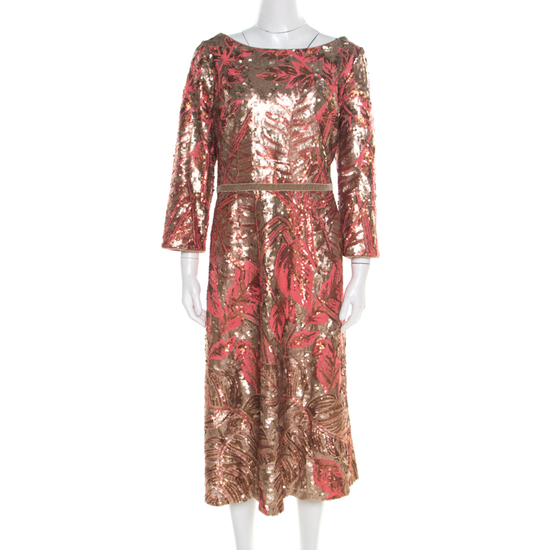 Pre Owned فستان نوتي باي ماركيزا ميدي تي ترتر مورد وردي و ذهبي XL