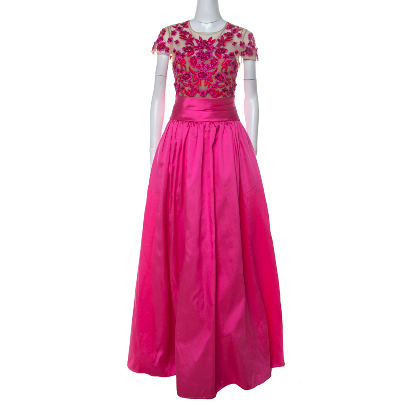 Marchesa Notte Pink Taffeta Embroidered Bodice Detail Mikado Gown L