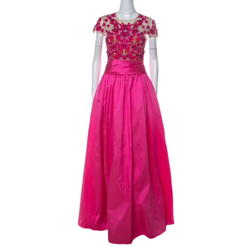 Marchesa Notte Pink Taffeta Embroidered Bodice Detail Mikado Gown L