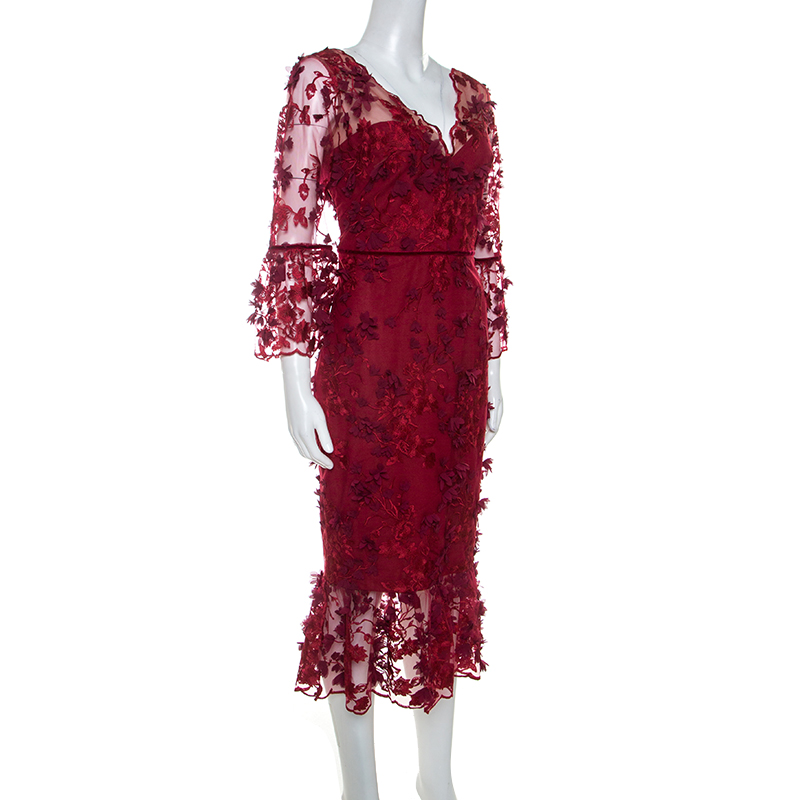 

Notte by Marchesa Burgundy 3D Floral Lace Midi Dress