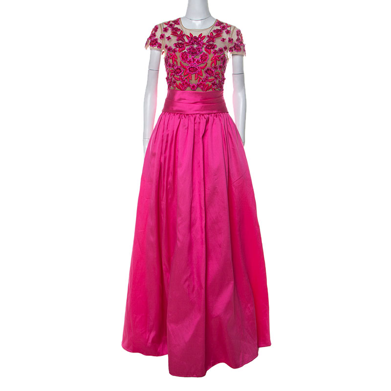 Marchesa Notte Pink Taffeta Embroidered Bodice Detail Mikado Gown L
