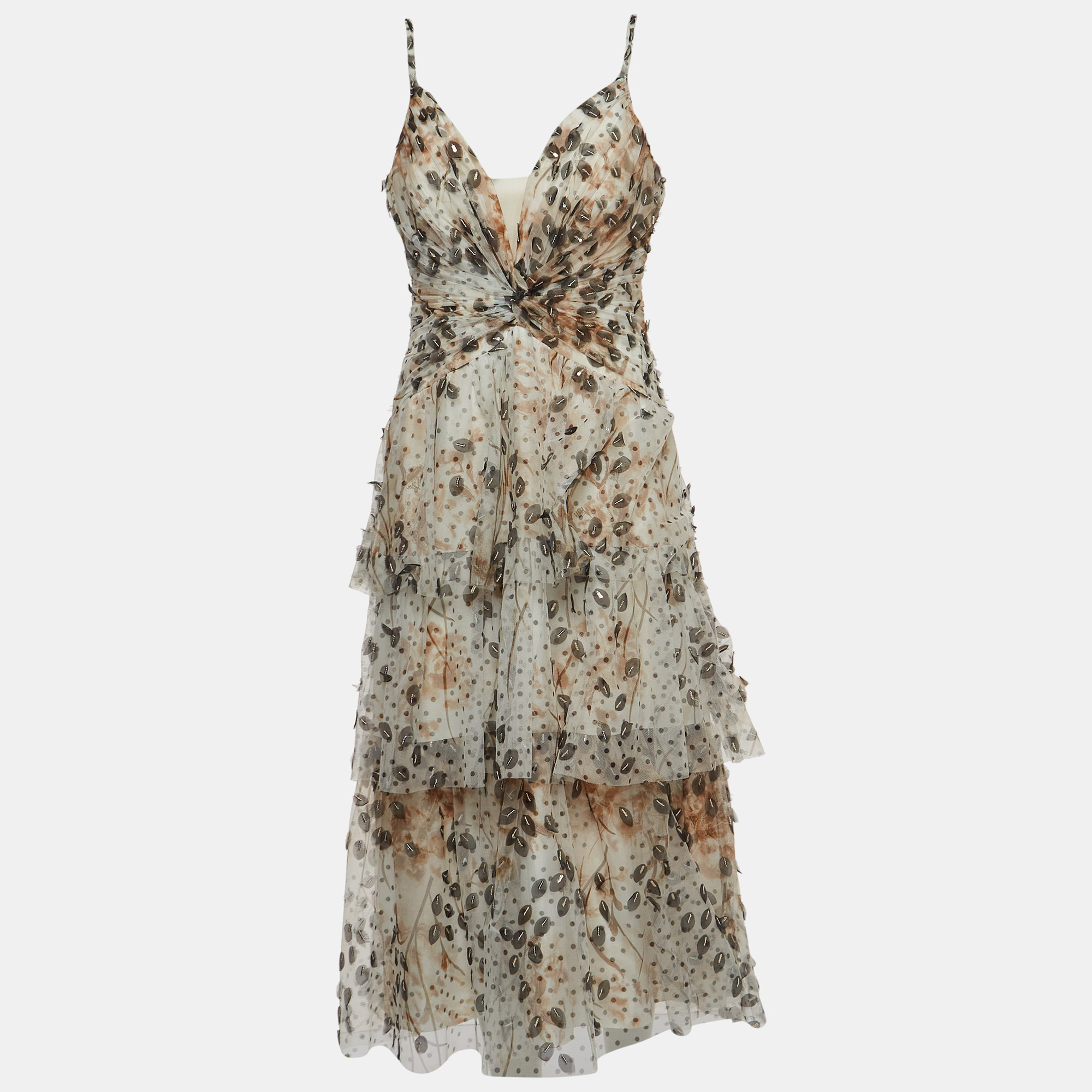 

Marchesa Notte Beige Embellished Printed Tulle Tiered Gown