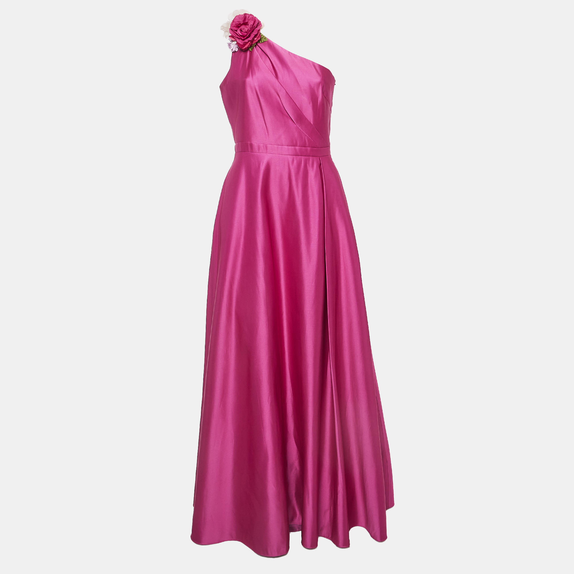 

Notte By Marchesa Pink Duchess Satin Floral Applique One Shoulder Gown M