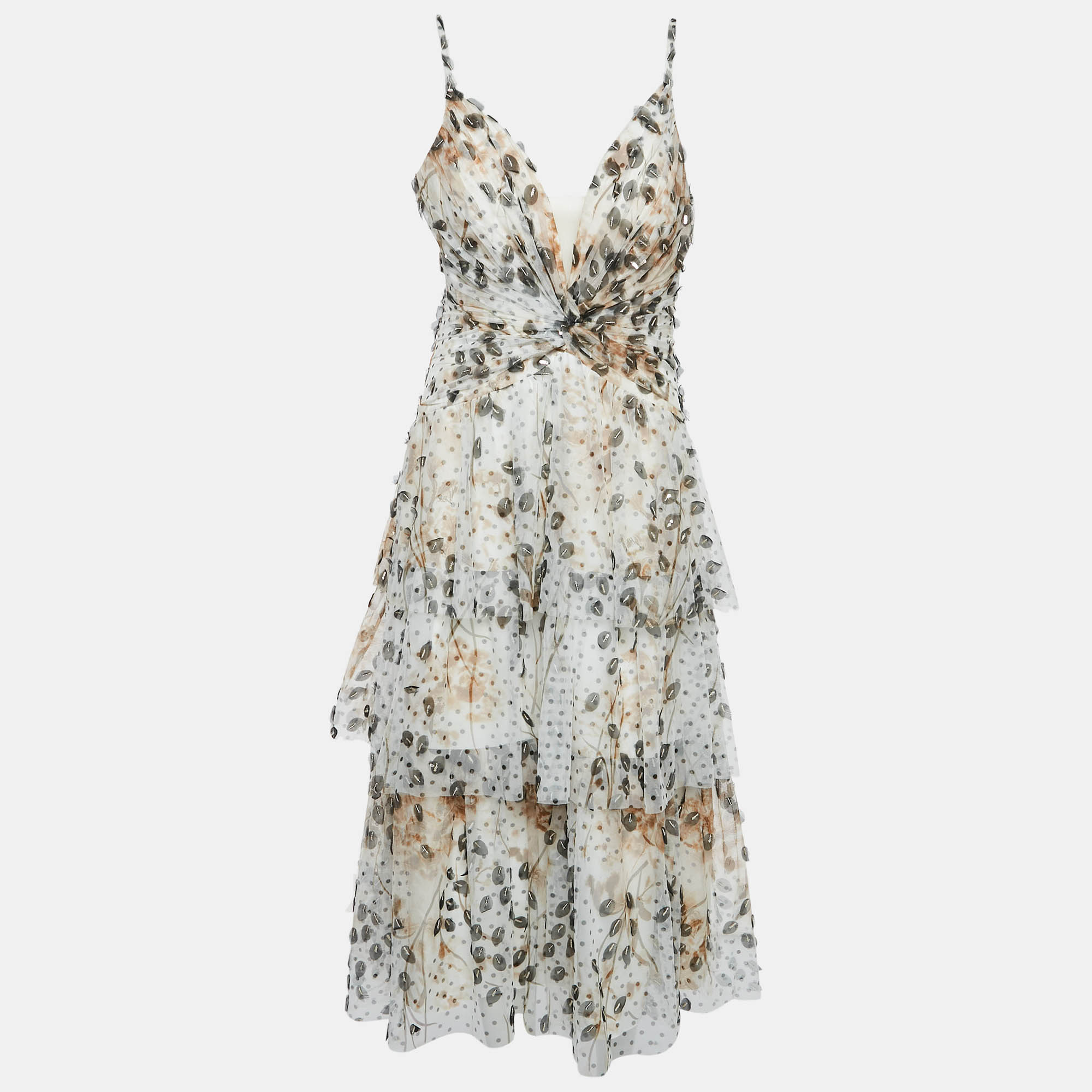 

Notte By Marchesa White Printed Tulle Tiered Midi Dress L