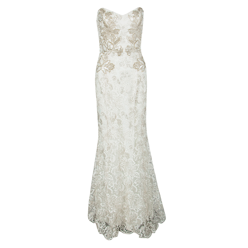 Pre Owned فستان نوتي باي ماركيزا ميرميد بلا أكمام دانتيل مزخرف زهور أبيض M