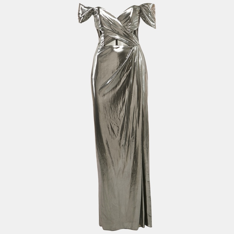 

Notte By Marchesa Silver Lamé Jersey Off-Shoulder Corset Maxi Dress M