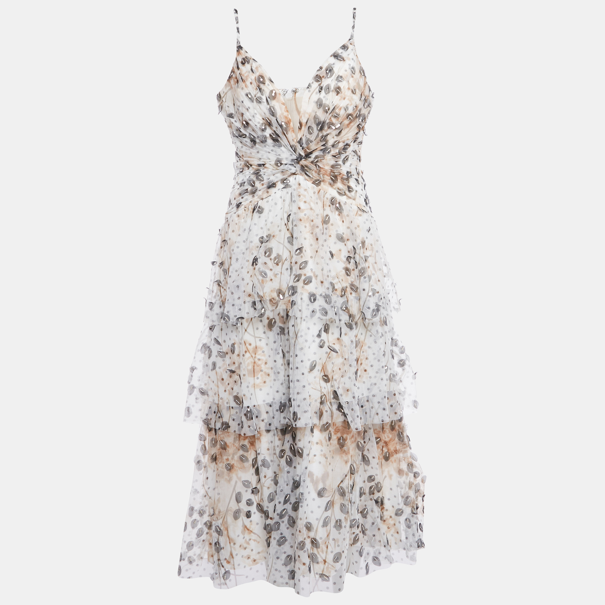 

Notte By Marchesa White Printed Tulle Tiered Midi Dress L