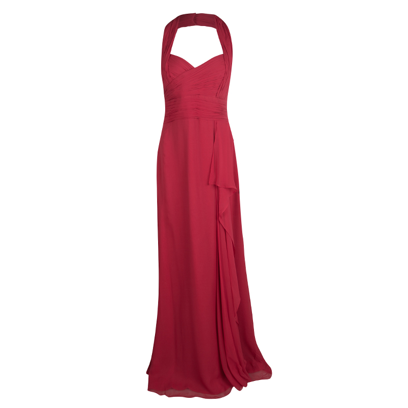 Notte by Marchesa Red Silk Chiffon Halter Evening Gown L