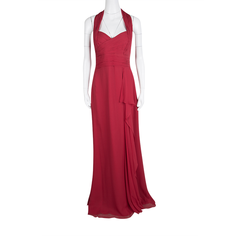 

Notte by Marchesa Red Silk Chiffon Halter Evening Gown