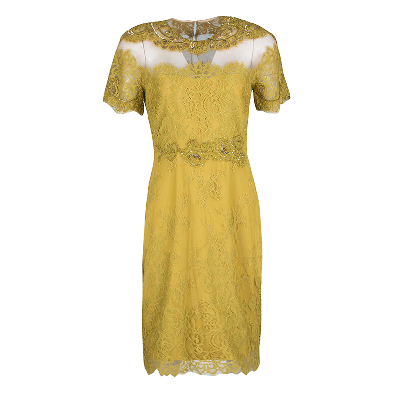 Notte by Marchesa Mustard Yellow Embellished Scalloped Lace Sheath Dress S