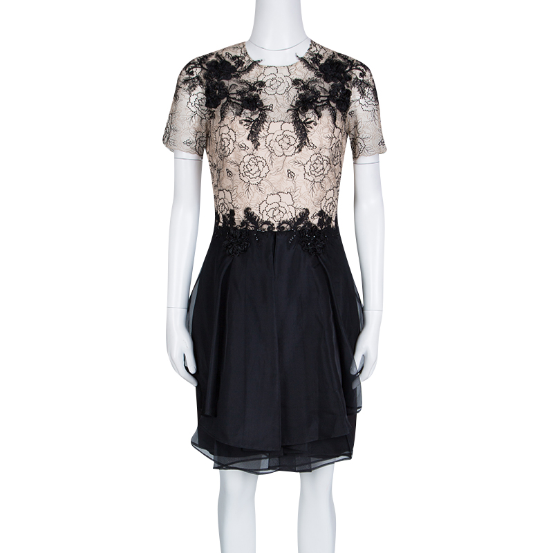 

Notte By Marchesa Beige and Black Floral Lace and Silk Organza Mini Dress, Multicolor